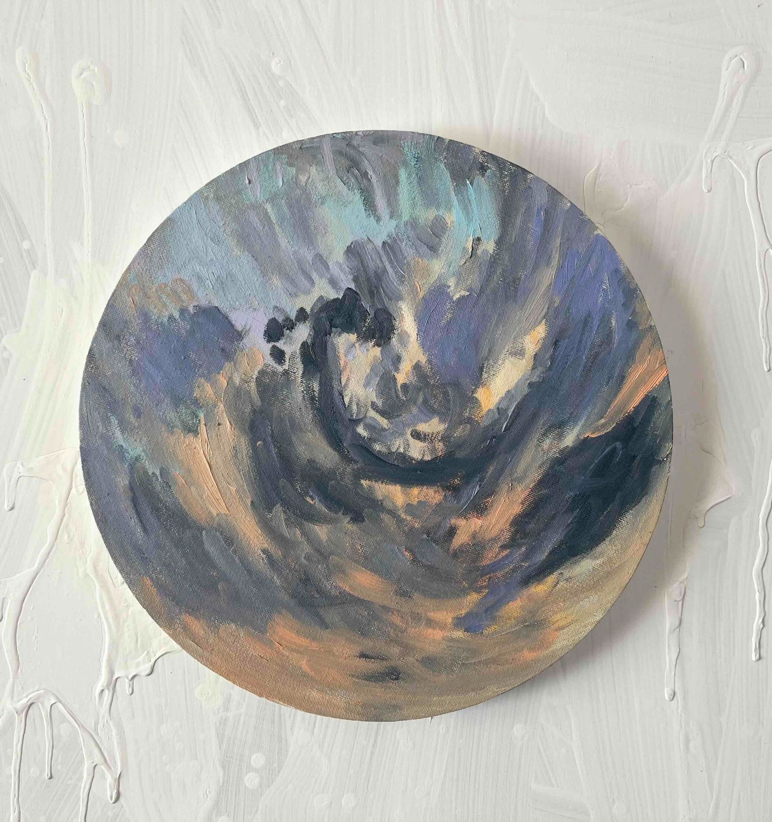 直径25㎝「画家の家の上空２」油彩・絵画・原画・丸形・アートパネル 直径25㎝「画家の家の上空2」油彩・絵画・原画・丸形・アートパネル