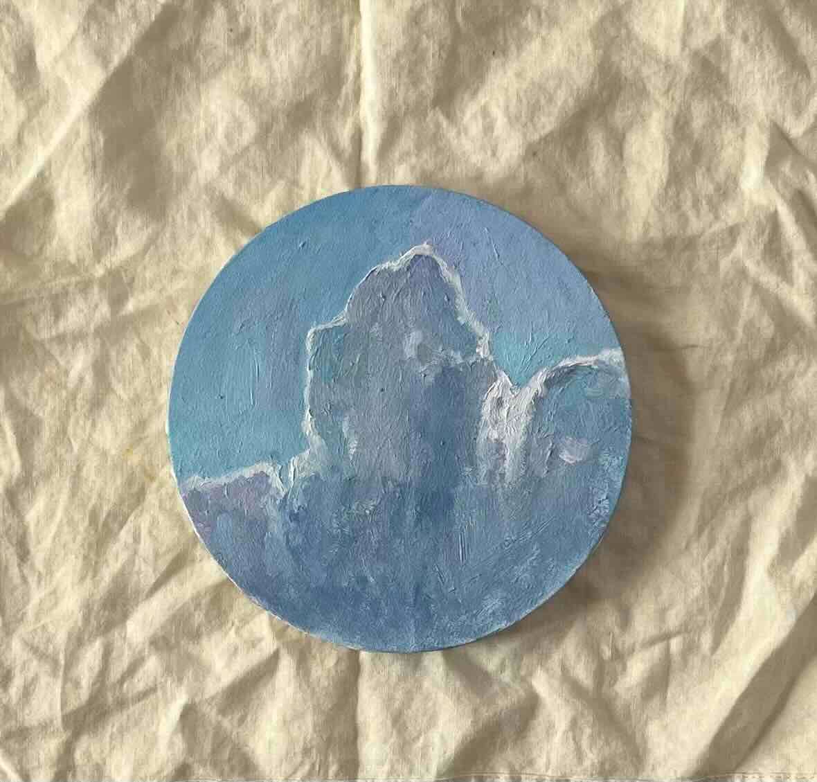 直径30㎝「画家の家の上空3」油彩・絵画・原画・丸形・アートパネル