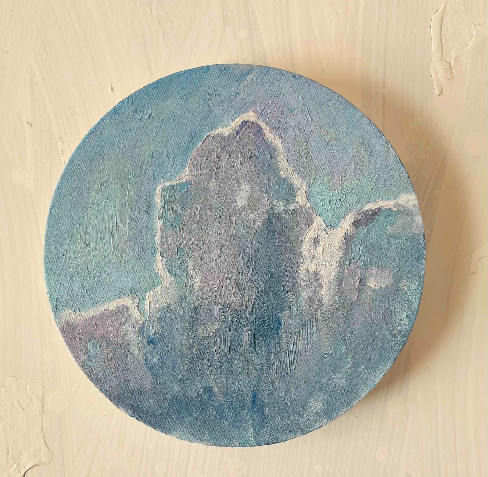 直径20㎝「画家の家の上空4」油彩・絵画・原画・丸形・アートパネル