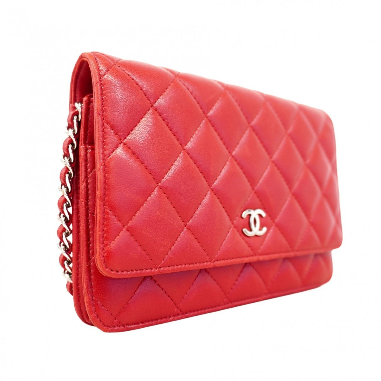シャネル Chanel ショルダーウォレット マトラッセ チェーンショルダー ラムスキン レッド レディース