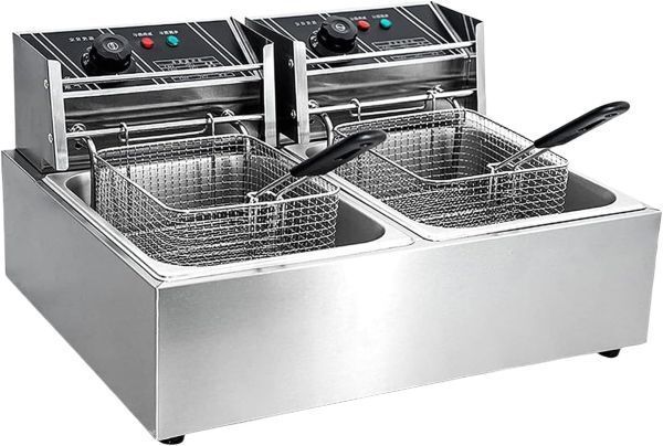 業務用フライヤー 二槽式 12L 卓上フライヤー 大容量 ステンレス鋼 電気フライヤー 家庭用 60-200℃温度調整 揚げ物 天ぷら 揚げ網付き