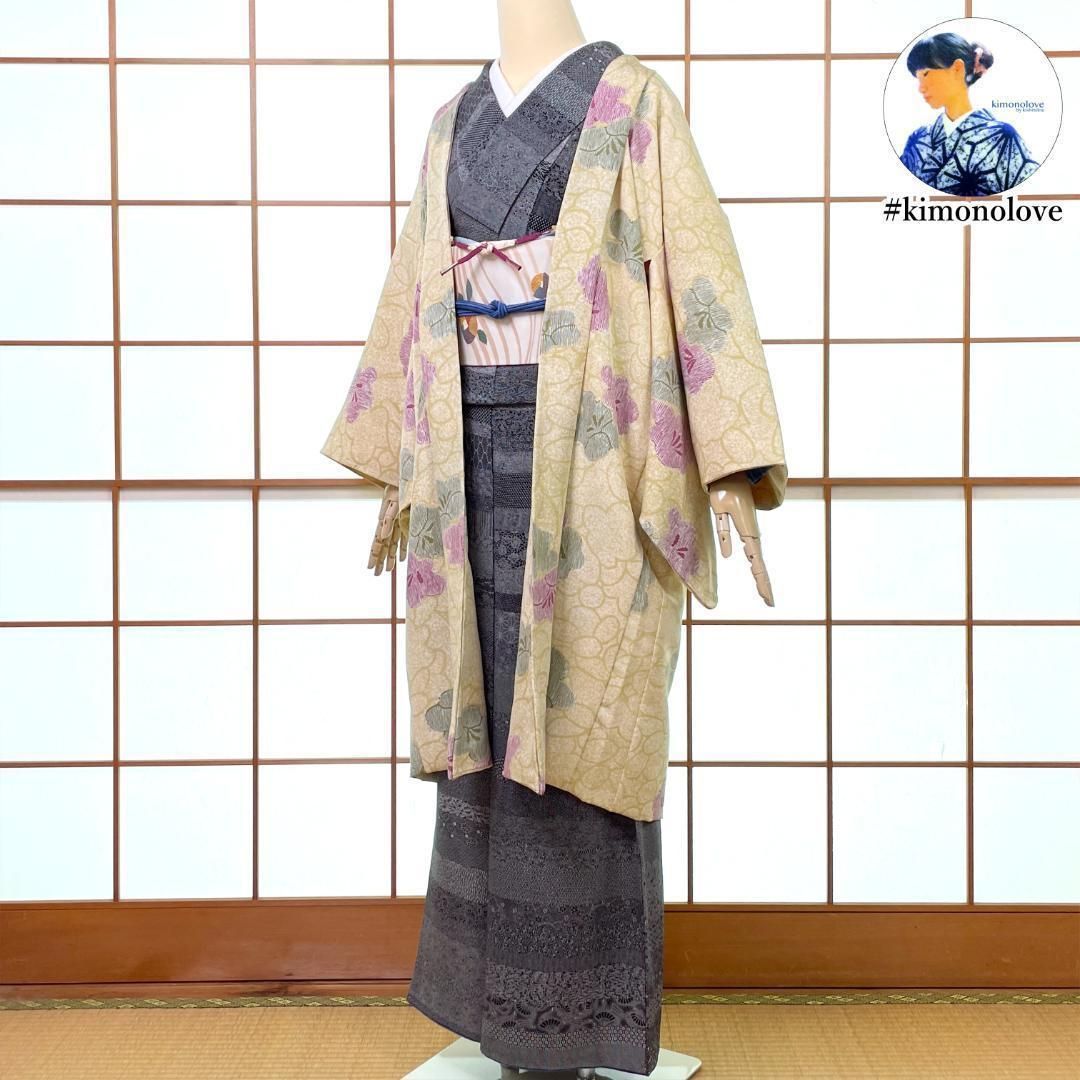 長羽織 正絹 梅尽くし 花柄 淡い抹茶 身丈100 cm 着物 kimonolove 仕立替え品 オゾン消臭サービス A-2111