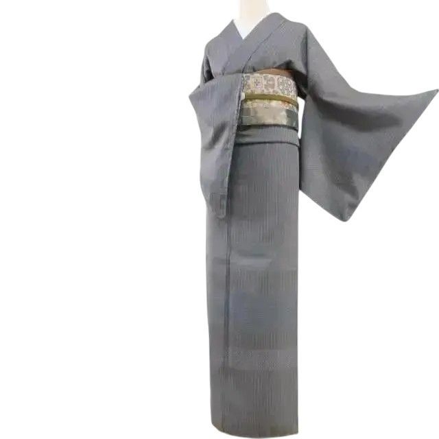 2点セット　お召し訪問着+袋帯　正絹　美品　裄長め H.L 訪問着 洗える セット 購入 5点セット 渋グレー地 宝尽くし松竹 梅