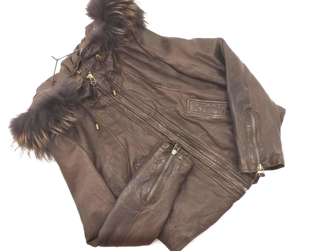 goa ゴア ラクーンファー フード 付き 羊革 レザー ジャケット sizeF 茶 レディース