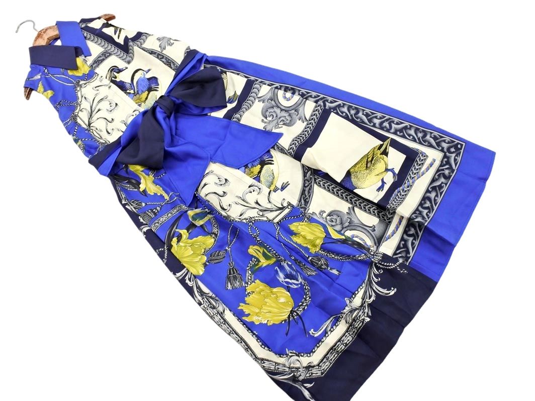 Salvatore Ferragamo サルヴァトーレフェラガモ シルク 鳥 スカーフ柄 ノースリーブ ワンピース size38 青 レディース