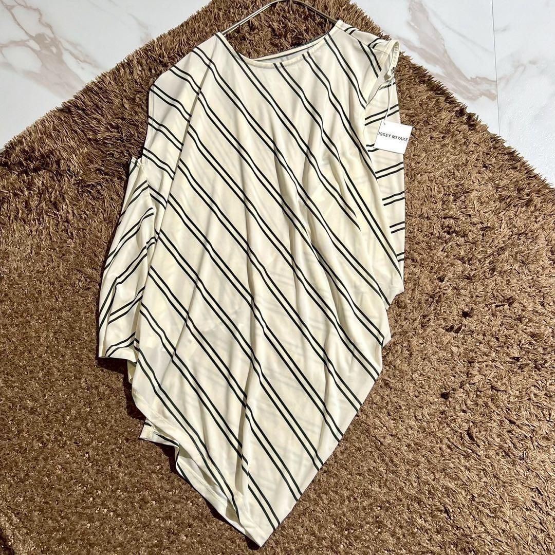 ISSEY MIYAKE イッセイミヤケ 2025AW 秋冬 アシンメトリー 変形 ストライプ ホワイト系 プルオーバー ノースリーブ カットソー イージーパンツ ギャザー フルレングス ウエストゴム ストレッチ素材 2サイズ レディース