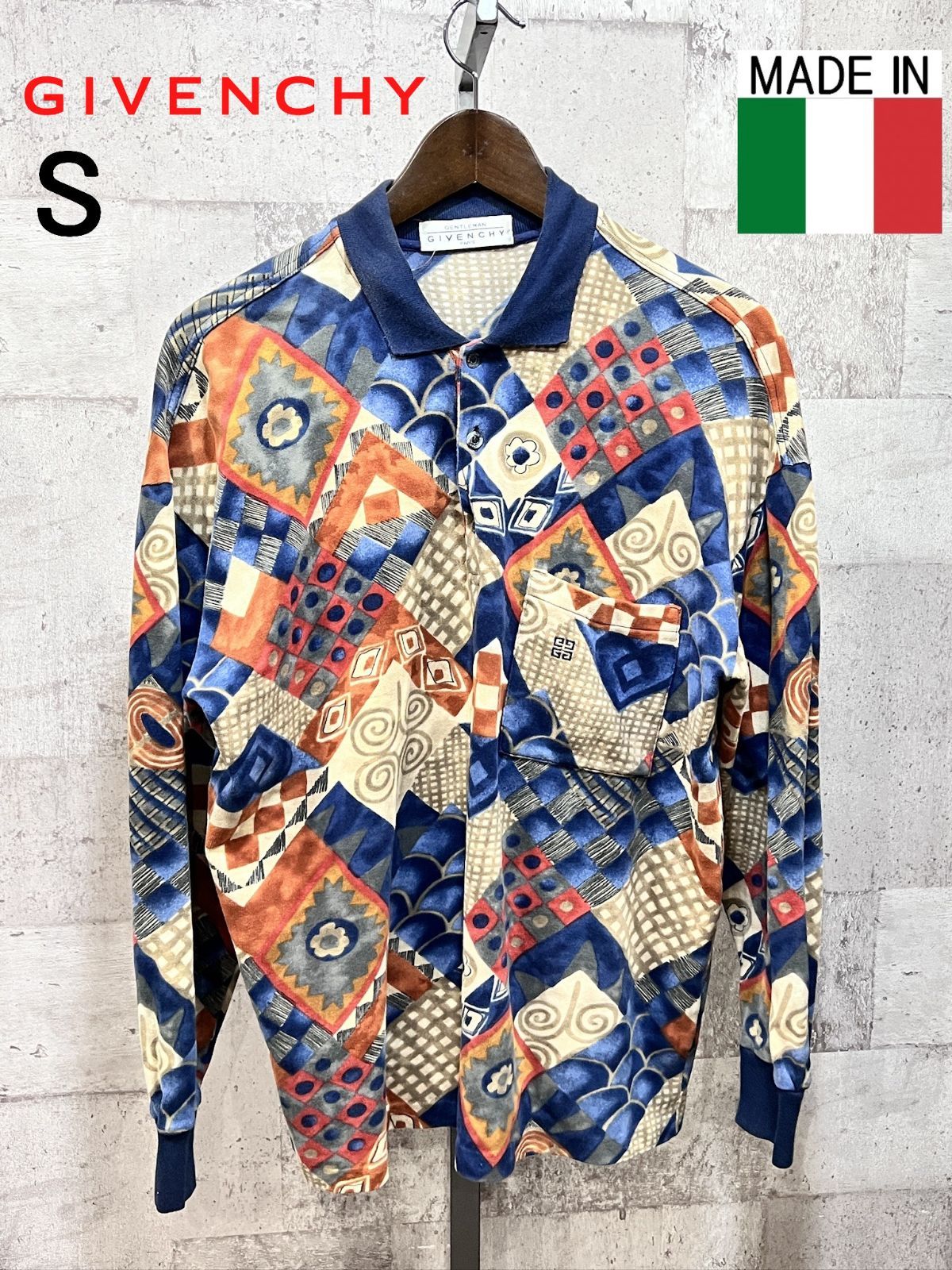 80 S-90 S イタリア製 ジバンシィ 総柄 和柄 長袖ポロシャツ 大きめS GENTLEMAN GIVENCHY ジバンシー