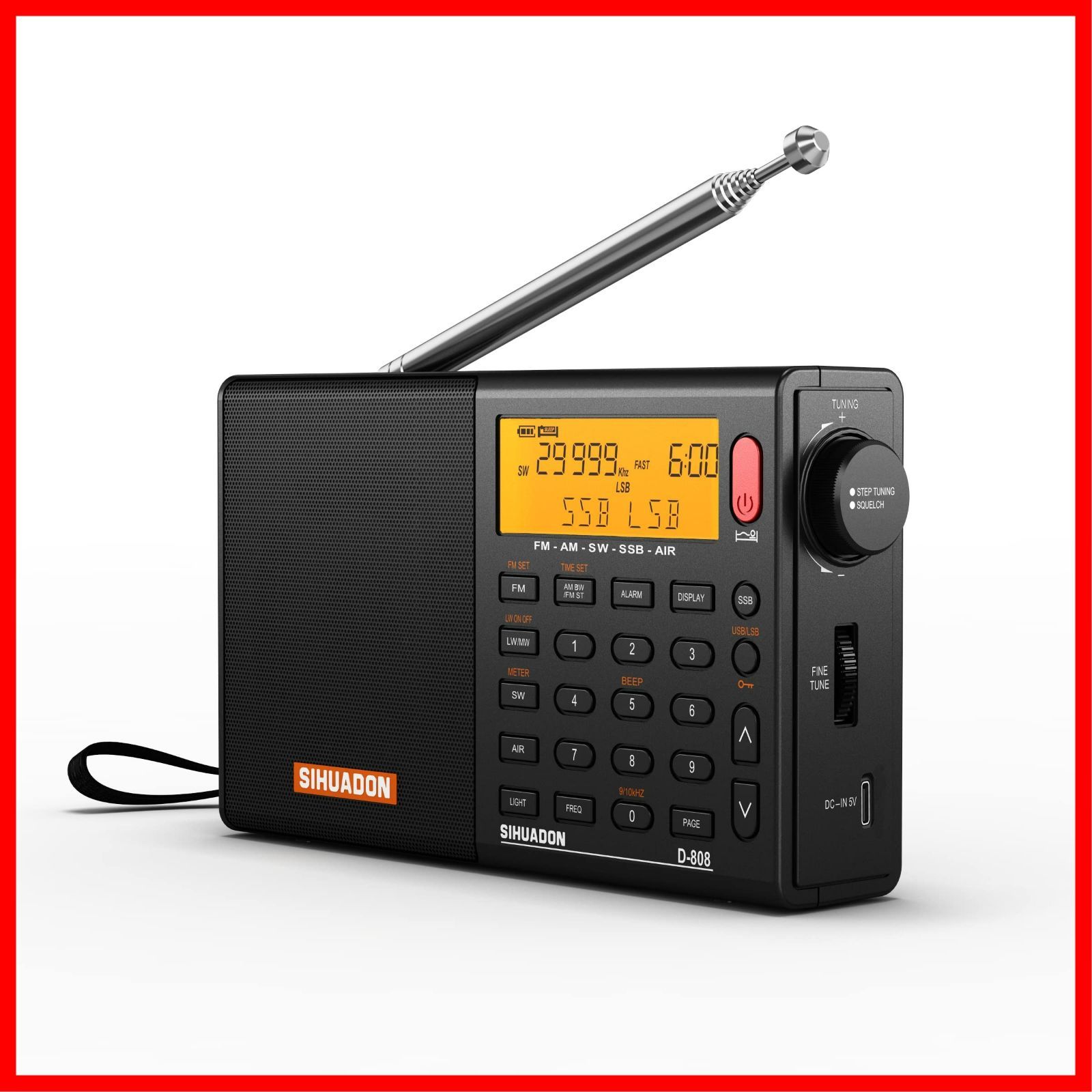 高感度 小型 SSB BCL DSP RDS 超軽量 ポケットラジオ 電池式 FM AM SW LW エアバンド 充電式 オートオフ機能付き ポータブルラジオ 操作簡単 D-808 日本語説明書付き