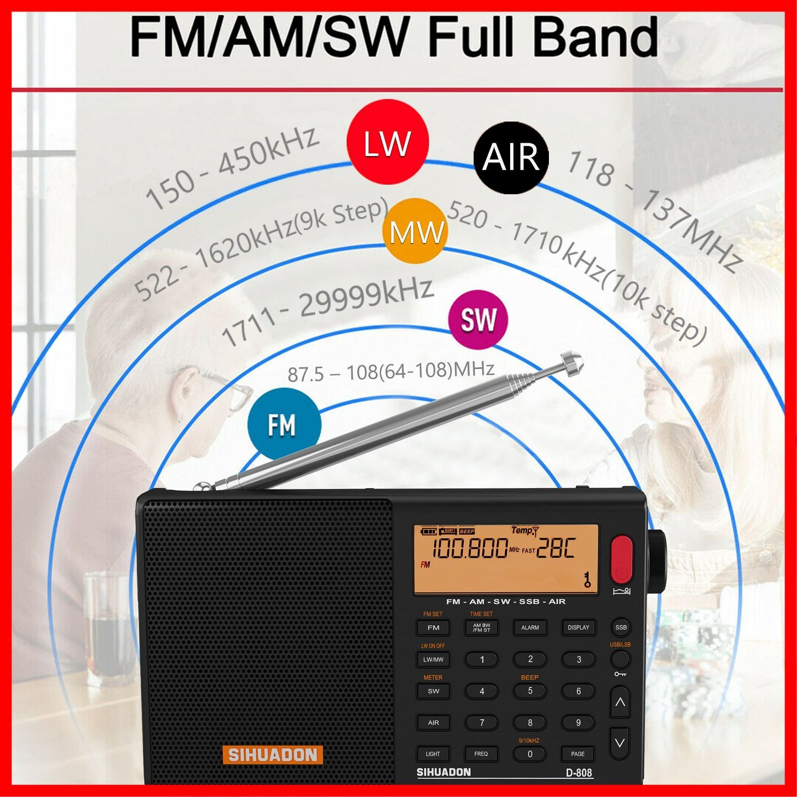 高感度 小型 SSB BCL DSP RDS 超軽量 ポケットラジオ 電池式 FM AM SW LW エアバンド 充電式 オートオフ機能付き ポータブルラジオ 操作簡単 D-808 日本語説明書付き