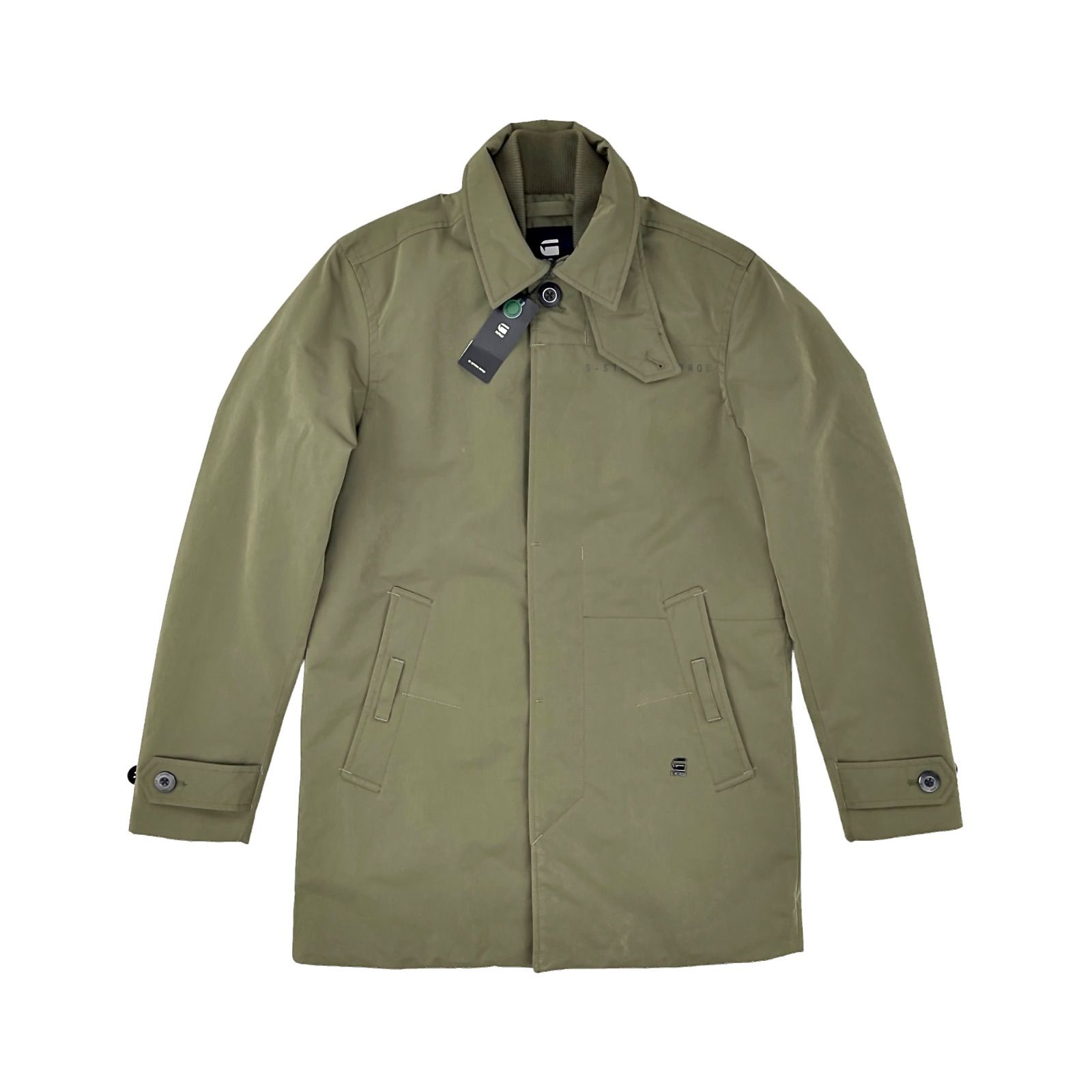 G-Star RAW ジースター ロゥ 比翼 フライフロント ミドル丈 チンストラップ 防寒 ウォーム 中綿 ウインター ステン コート カーキ グリーン オリーブ オランダ ユーロ デニム ブランド シック ビジネス カジュアル ウインタージャケット