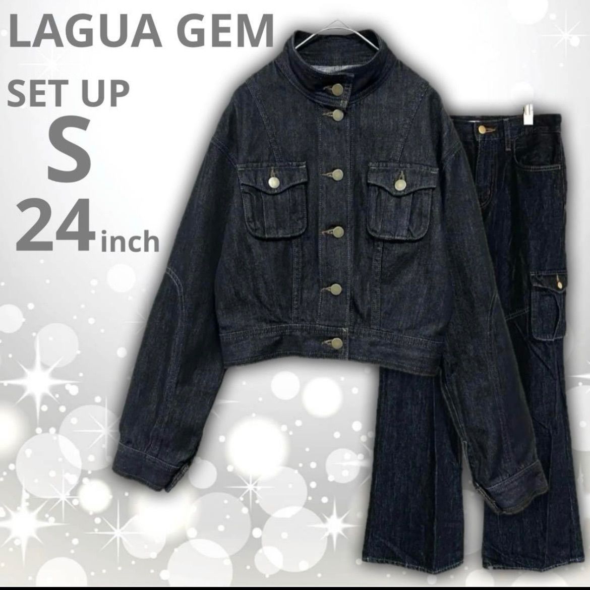 即決ご希望額はコメントへ LAGUA GEM ラグアジェム デニム コットン セットアップ 美脚 フ S 24インチ みちょぱ スタンド Gジャン デニムジャケット ショート丈 ハイウエスト カーゴデニム スラックス トレンド 人気