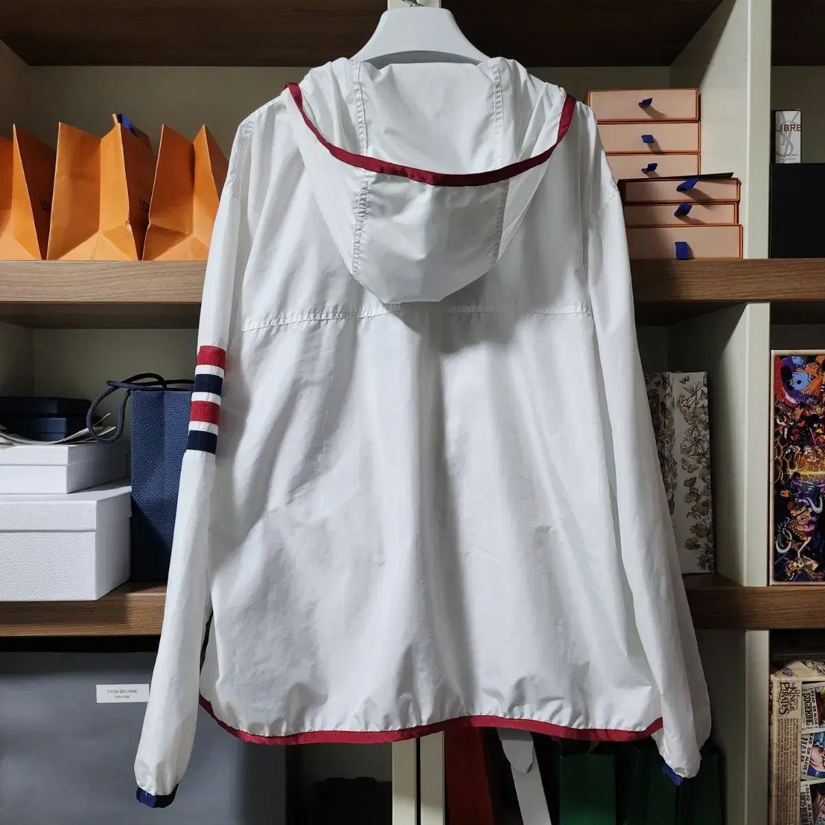 トム ブラウン 斜めボーダー 袖ストライプ リップストップ フード ウィンドブレーカー 4サイズ 白