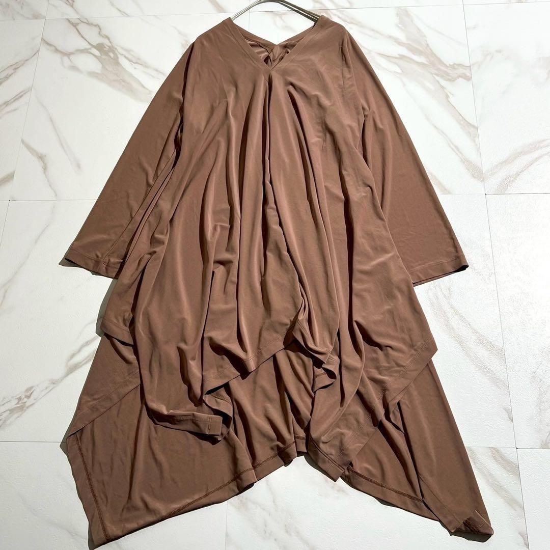 ISSEY MIYAKE イッセイミヤケ 2020SS 2020年春夏 アシンメトリー 変形 ロング丈 セットアップ チュニックワンピース プルオーバー 長袖 太ワイドパンツ フルレングス ブラウン系 ストレッチ素材 洗濯 2サイズ