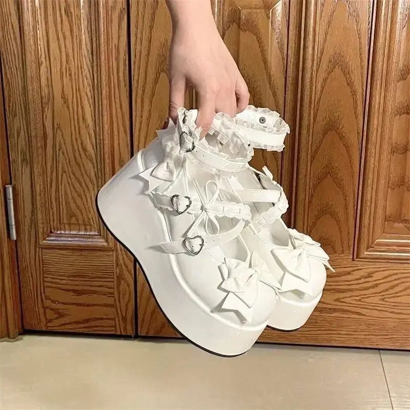 地雷系 厚底 リボン レース メリージェーン シューズ 白