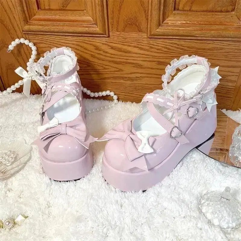 地雷系 厚底 リボン レース メリージェーン シューズ ピンク