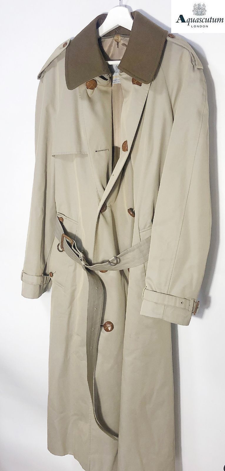 激 1970〜80s頃 ヴィンテージ Aquascutum アクアスキュータム トレンチコート 二重襟 袖ありウールライナー 完備レザーくるみボタン