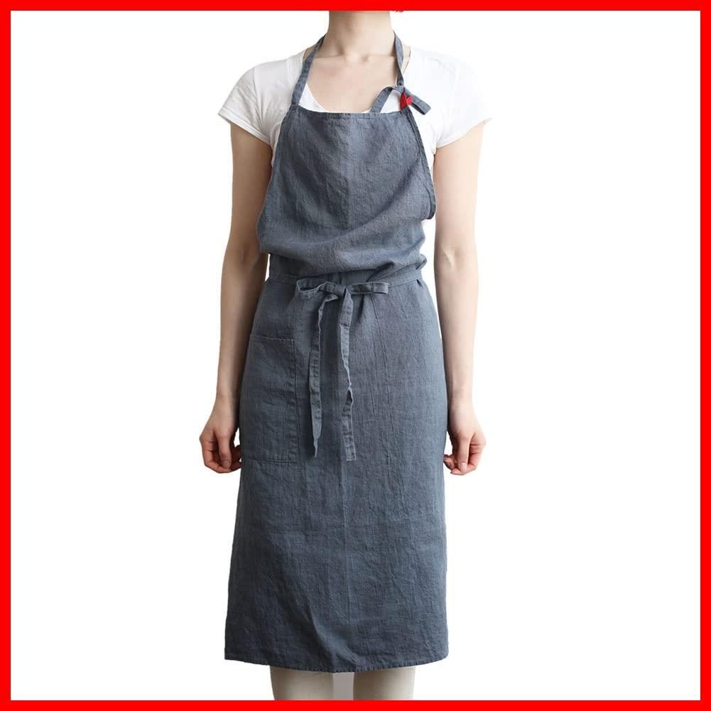 メンズ レディース キッチン アビスブルー 無地 A411 リネン Manon マノン 麻 フルエプロン シンプル エプロン ロング丈 リーノエリーナ Lina ギフト e プレゼント Lino