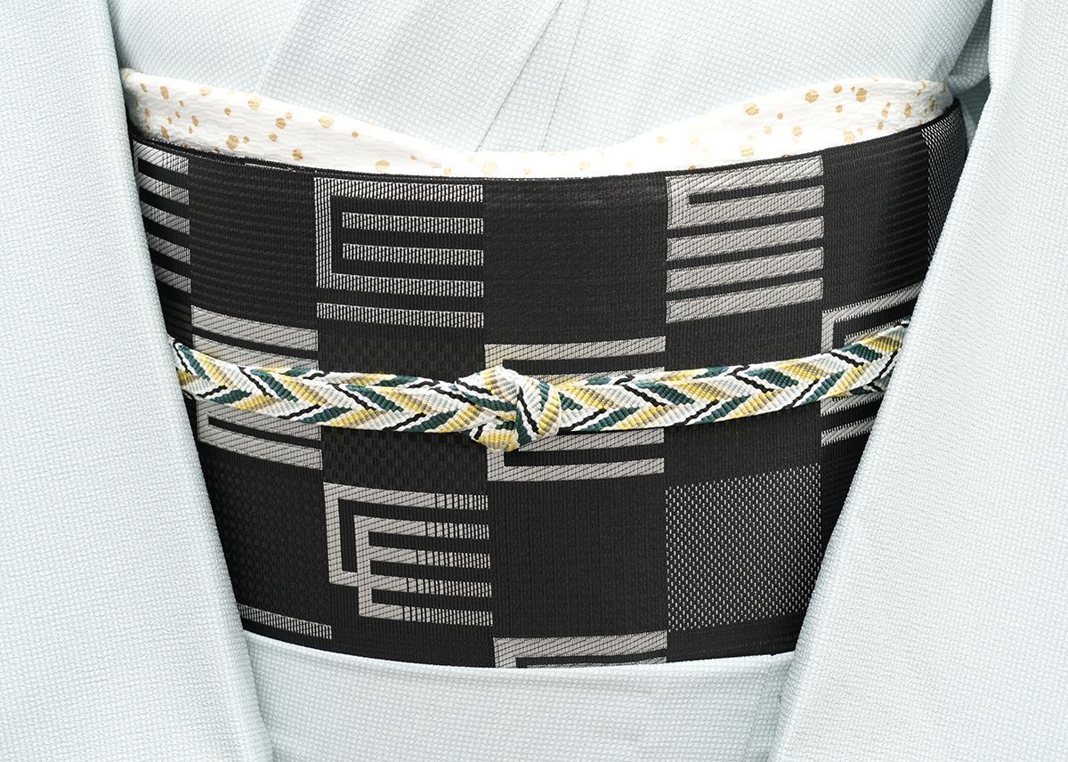 品 未仕立 博多帯 協和織 八寸名古屋帯 源氏香＆市松模様 黒地 仕立代込み