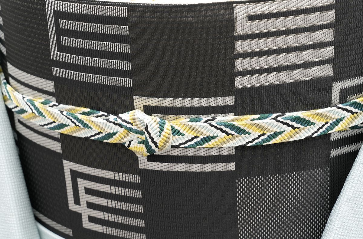  品 未仕立 博多帯 協和織 八寸名古屋帯 源氏香＆市松模様 黒地 仕立代込み 名古屋帯 帯