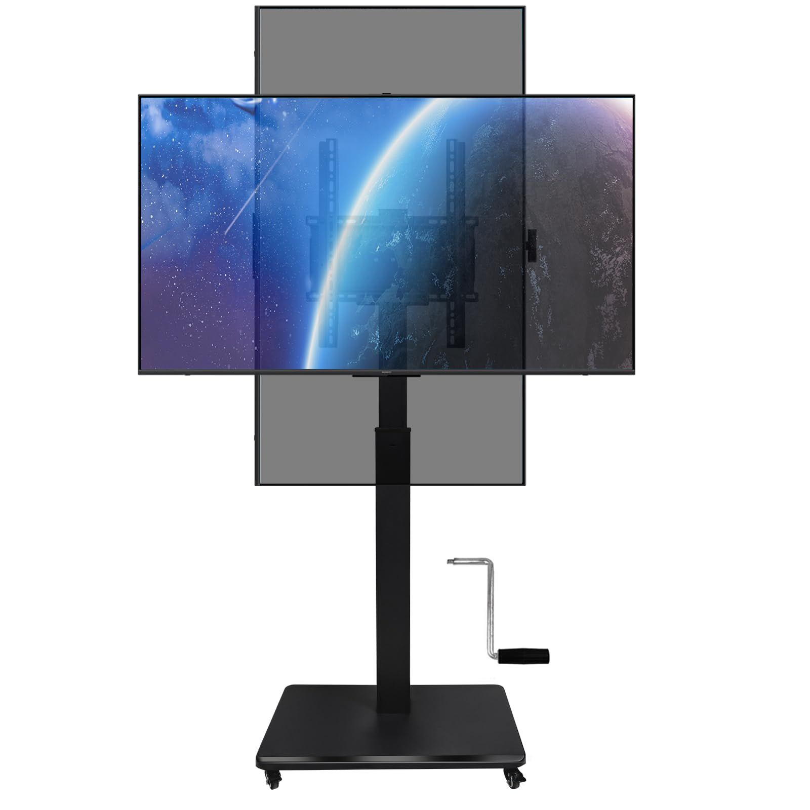 壁寄せテレビスタンドキャスター付き ハイタイプ 42-75インチ対応 手回し昇降式 縦 横スクリーン90度回転 無段階高さ調節 自立型 移動式 TVスタンド ハンドル付き 超省スペース 耐荷重50kg VESAは100 100から600 500m