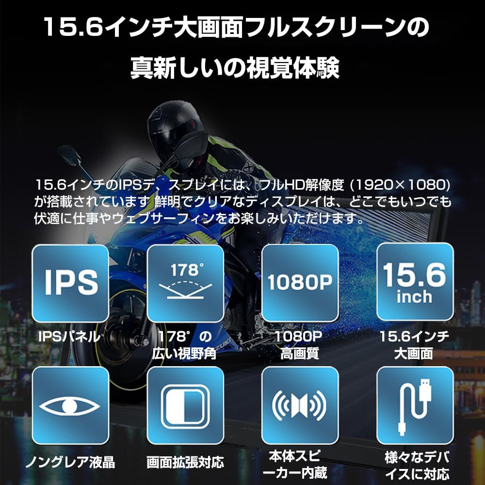 15.6型 モバイルモニター 大画面フルHD 1920 1080 IPS液晶 178°の広い視野角で ディスプレイ ポータブル USB Type-Cディスプレイ給電に対応しており ミニHDMI PS4 XBOX Switch PC Macなど対応 モバイ