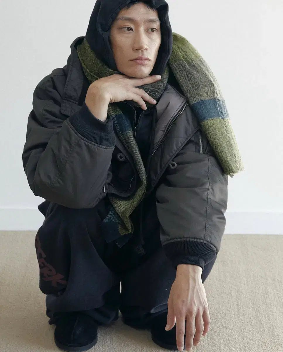 ポリテル ミル リング ウール マフラー グリーン チェック