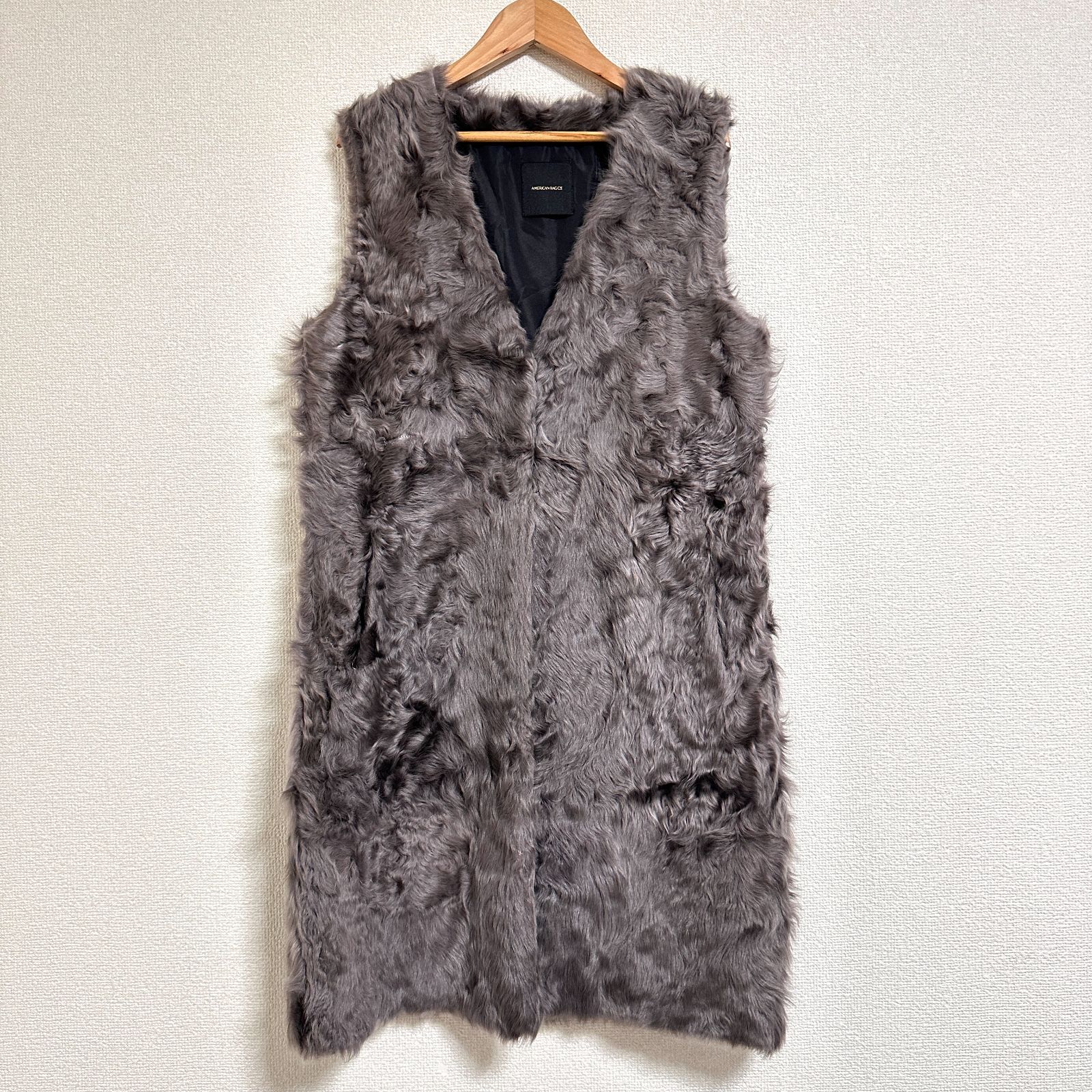 アメリカンラグシー リアルファー チキャンラムファーベスト ロング丈 Vネック グレー