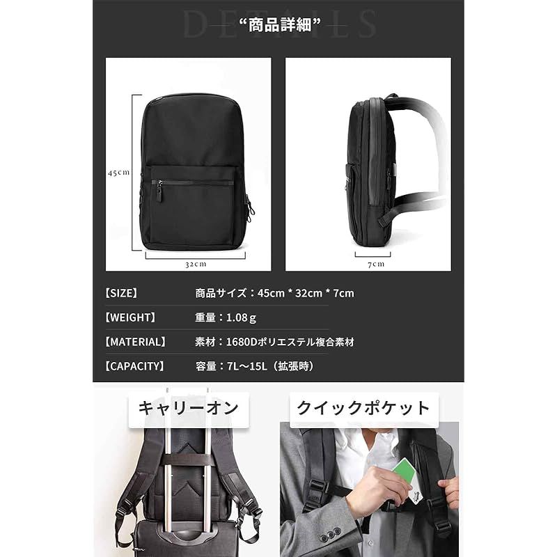 zepirion 2倍に拡張できる薄型 ビジネスリュック 防水 カバン バッグ メンズ 鞄 15.6インチ PC 薄い 軽量 A4収納可 バックパック 通勤 大容量 マチ拡張 ExPack Pro 0 OLIVEOS_COM_TR