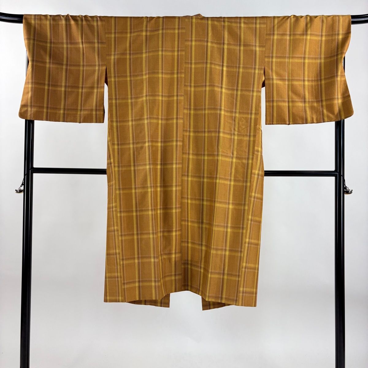 道中着 身丈121 cm 裄丈68 L 和装コート 紬地 格子 山吹茶色 正絹