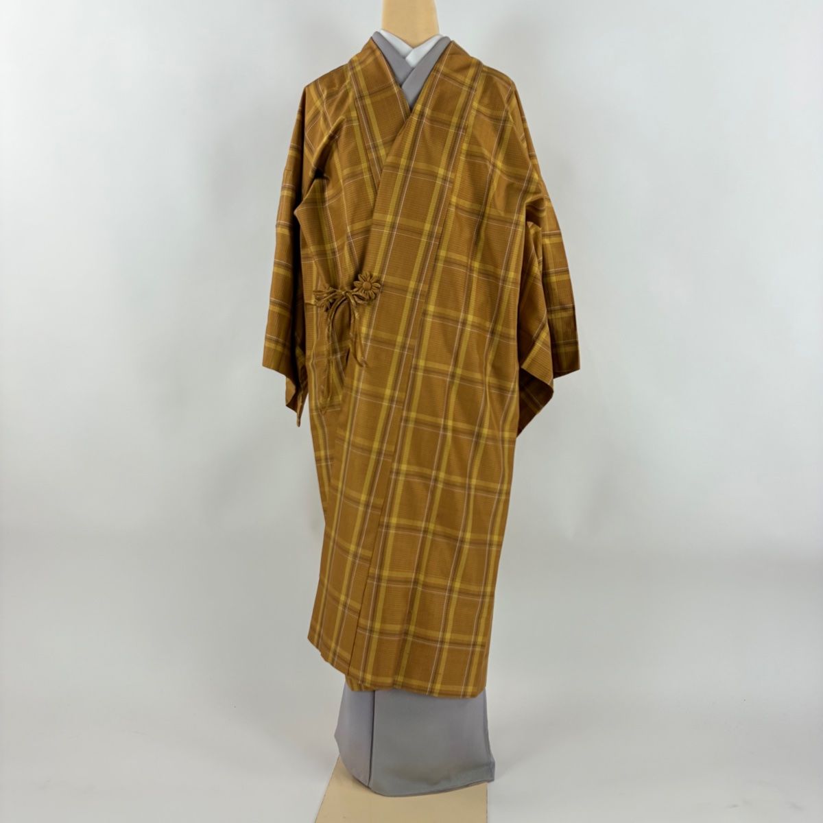 道中着 身丈121 cm 裄丈68 L 和装コート 紬地 格子 山吹茶色 正絹