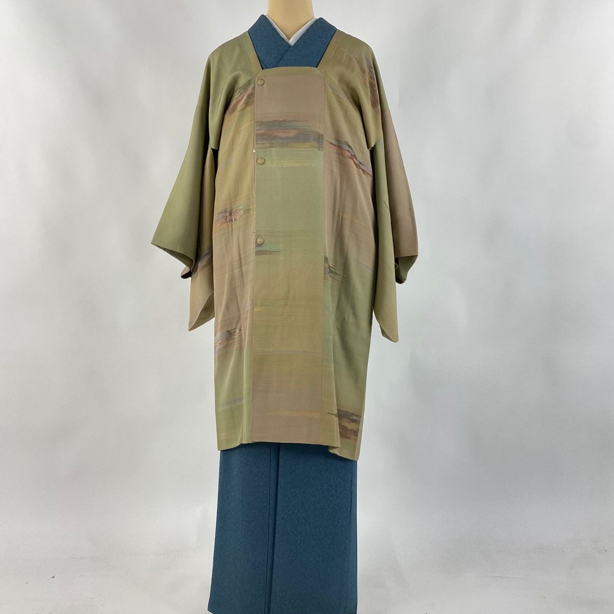 道行 身丈103 cm 裄丈66 M 和装コート 角衿 ショール付 落款 霞 ビロード 灰緑 正絹
