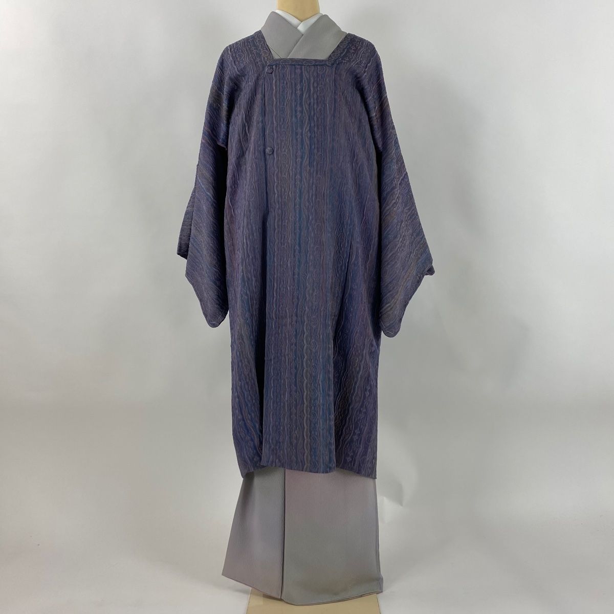 道行 身丈110 cm 裄丈66 M 和装コート 角衿 落款 縞 花 紫 正絹