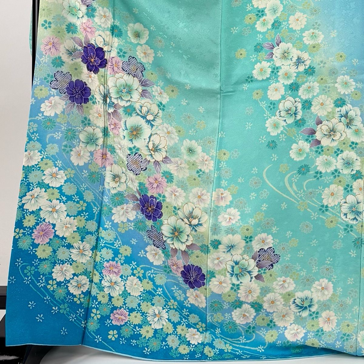 振袖 身丈171 5 cm 裄丈70 L 袷 草花 流水 銀通し 金彩 薄青緑 正絹