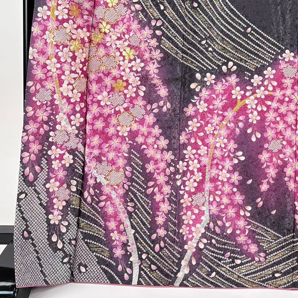 振袖 身丈170 cm 裄丈68 L 袷 花 流水 銀通し 絞り 灰紫 正絹