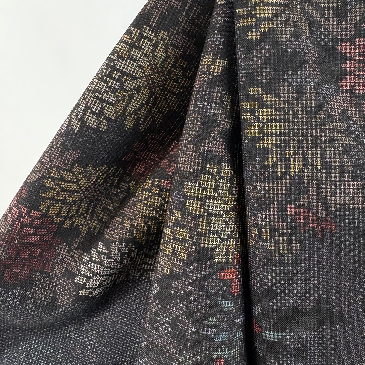  大島紬 身丈159 cm 裄丈64 M 袷 都喜ヱ門 泥染 証紙 草花 墨色 正絹 紬 着物