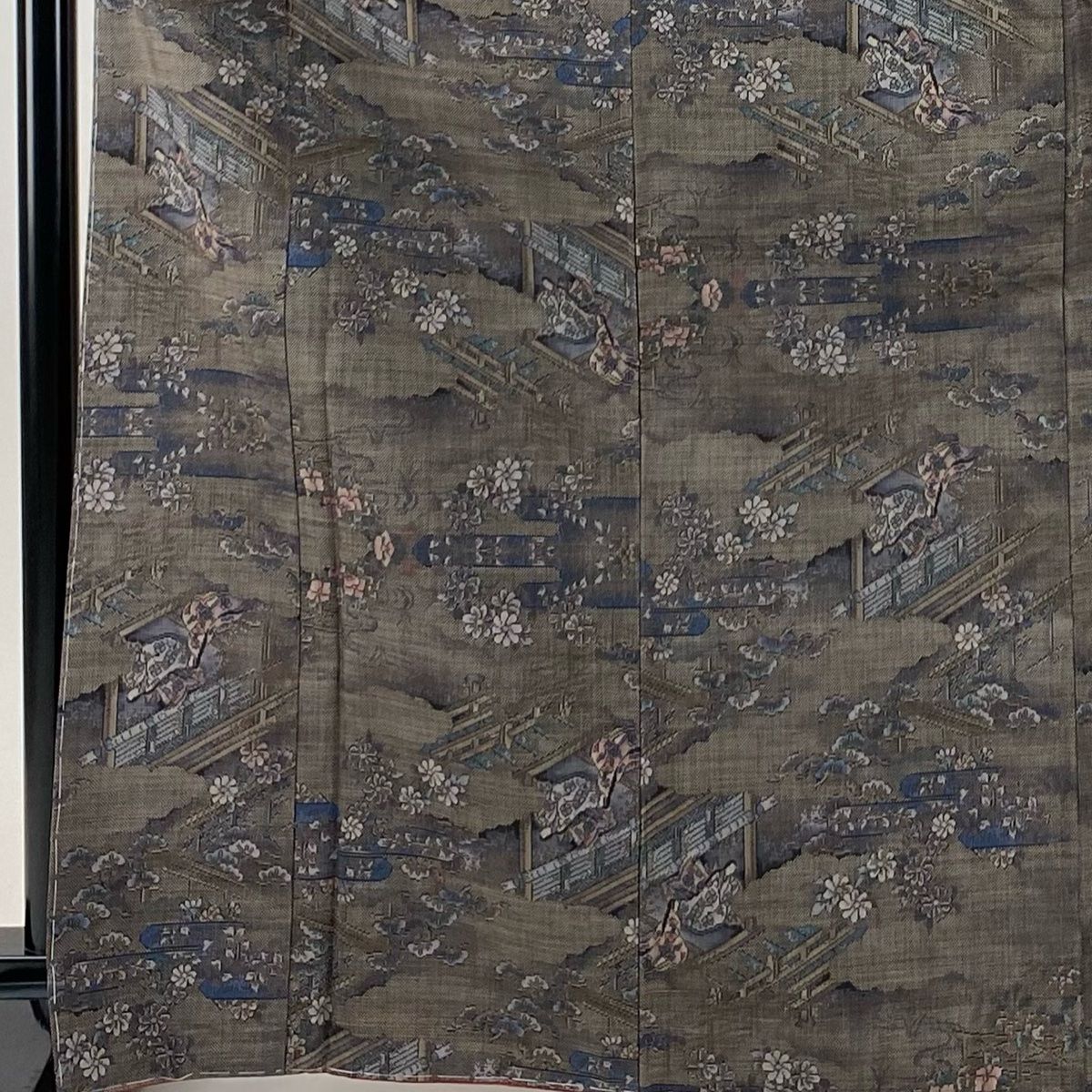 大島紬 身丈169.5 cm 裄丈66 M 袷 都喜ヱ門 泥染 落款 証紙 御所風景 草花 焦茶色 正絹