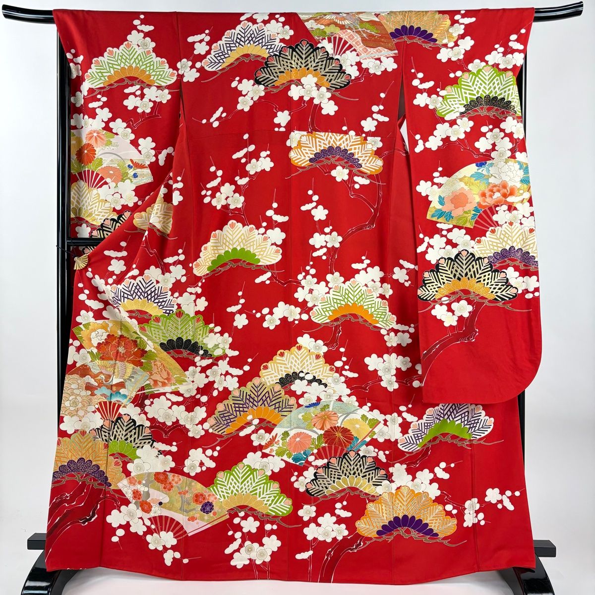 振袖 身丈167 cm 裄丈69 L 袷 千總 落款 扇 花鳥 金糸 金彩 赤 正絹