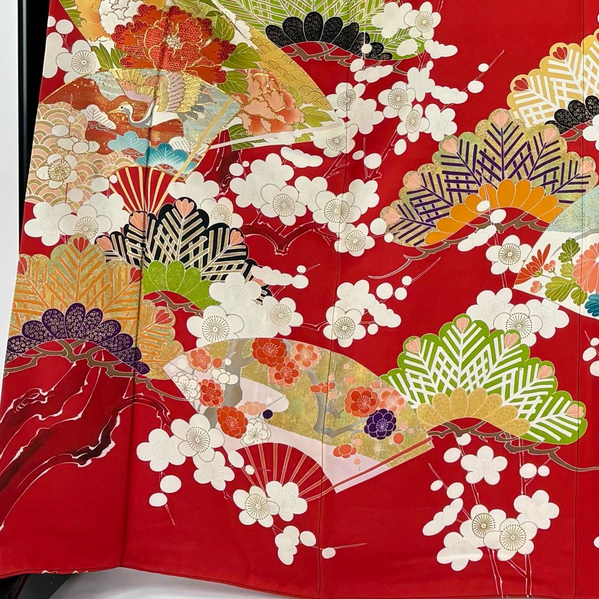 振袖 身丈167 cm 裄丈69 L 袷 千總 落款 扇 花鳥 金糸 金彩 赤 正絹