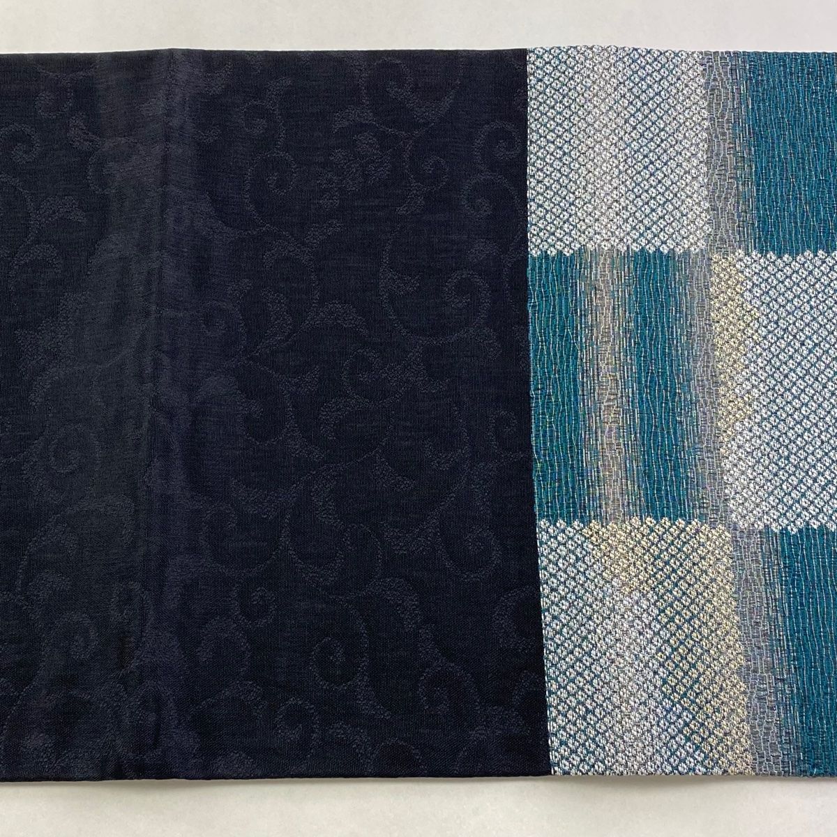  袋帯 秀品 市松 疋田 銀通し 青緑 六通 正絹 袋帯 帯