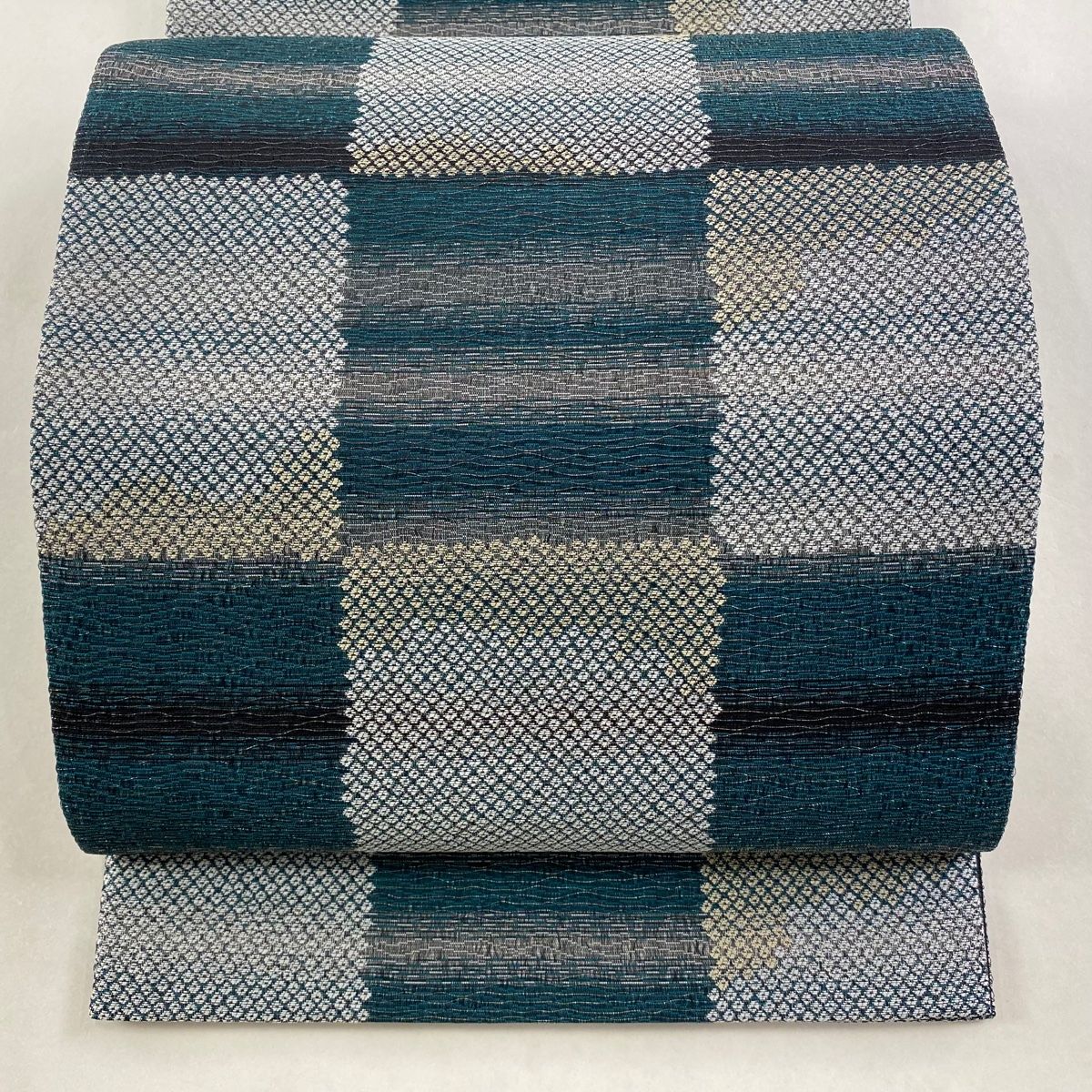 袋帯 秀品 市松 疋田 銀通し 青緑 六通 正絹