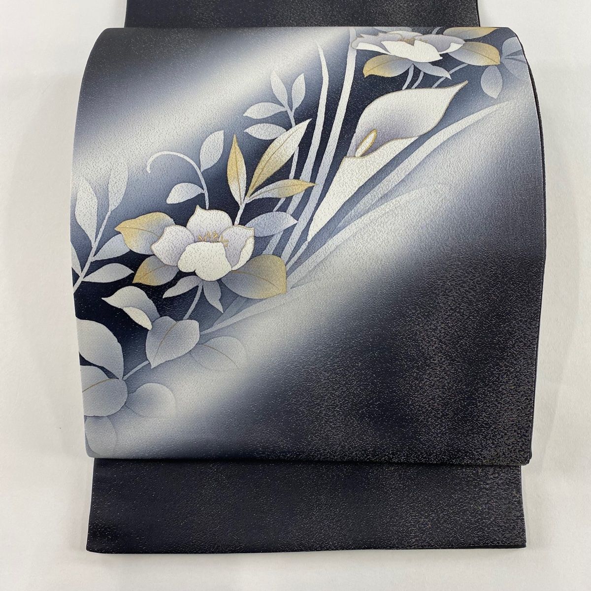 袋帯 秀品 落款 枝花 銀通し 金銀彩 墨色 お太鼓柄 正絹