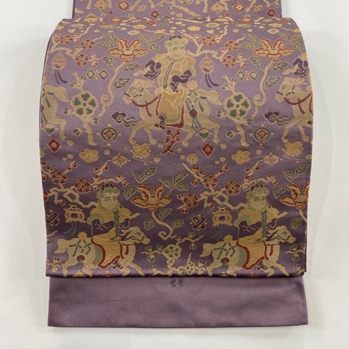 袋帯 秀品 落款 証紙 あらいそ 人物 馬 箔 紫 六通 正絹