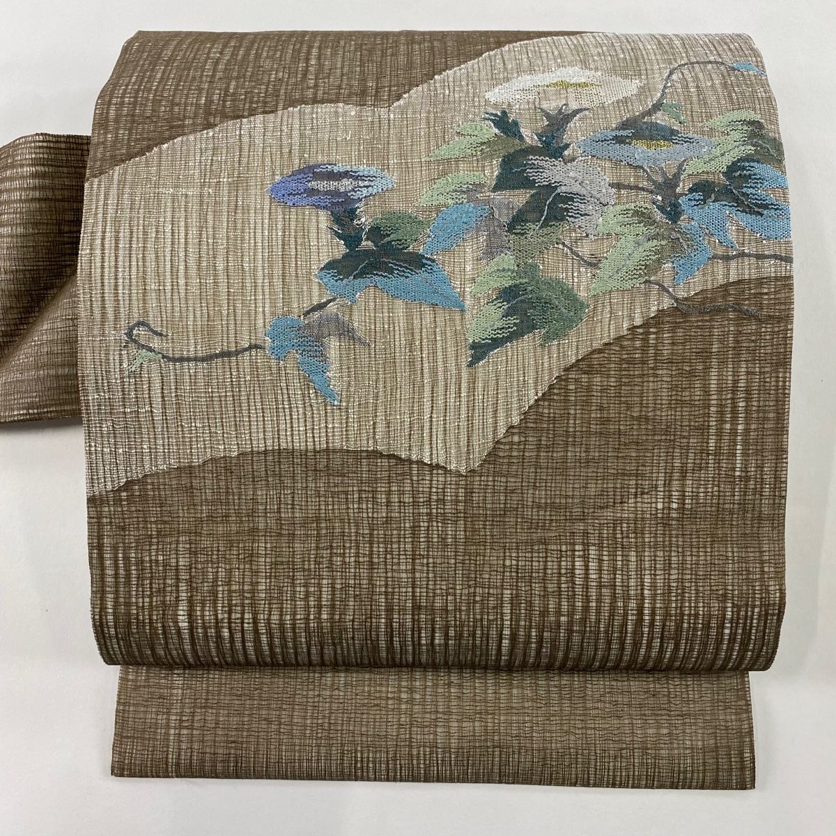 名古屋帯 秀品 夏帯 草花 金銀糸 茶色 正絹