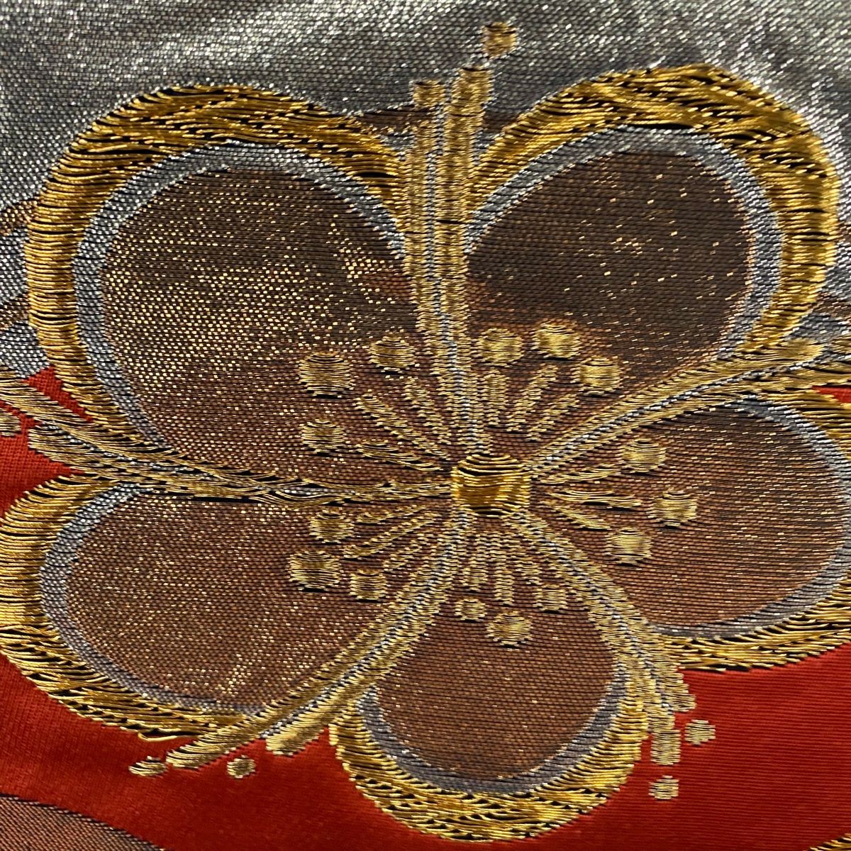袋帯 秀品 梅 波頭 金糸 箔 朱色 六通 正絹
