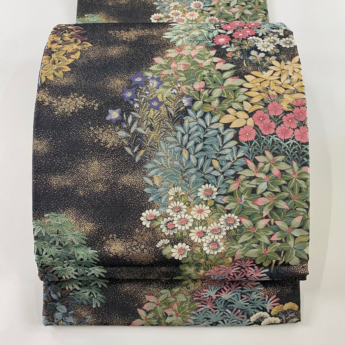 袋帯 秀品 落款 秋草 葉柄 金糸 箔 墨色 六通 正絹