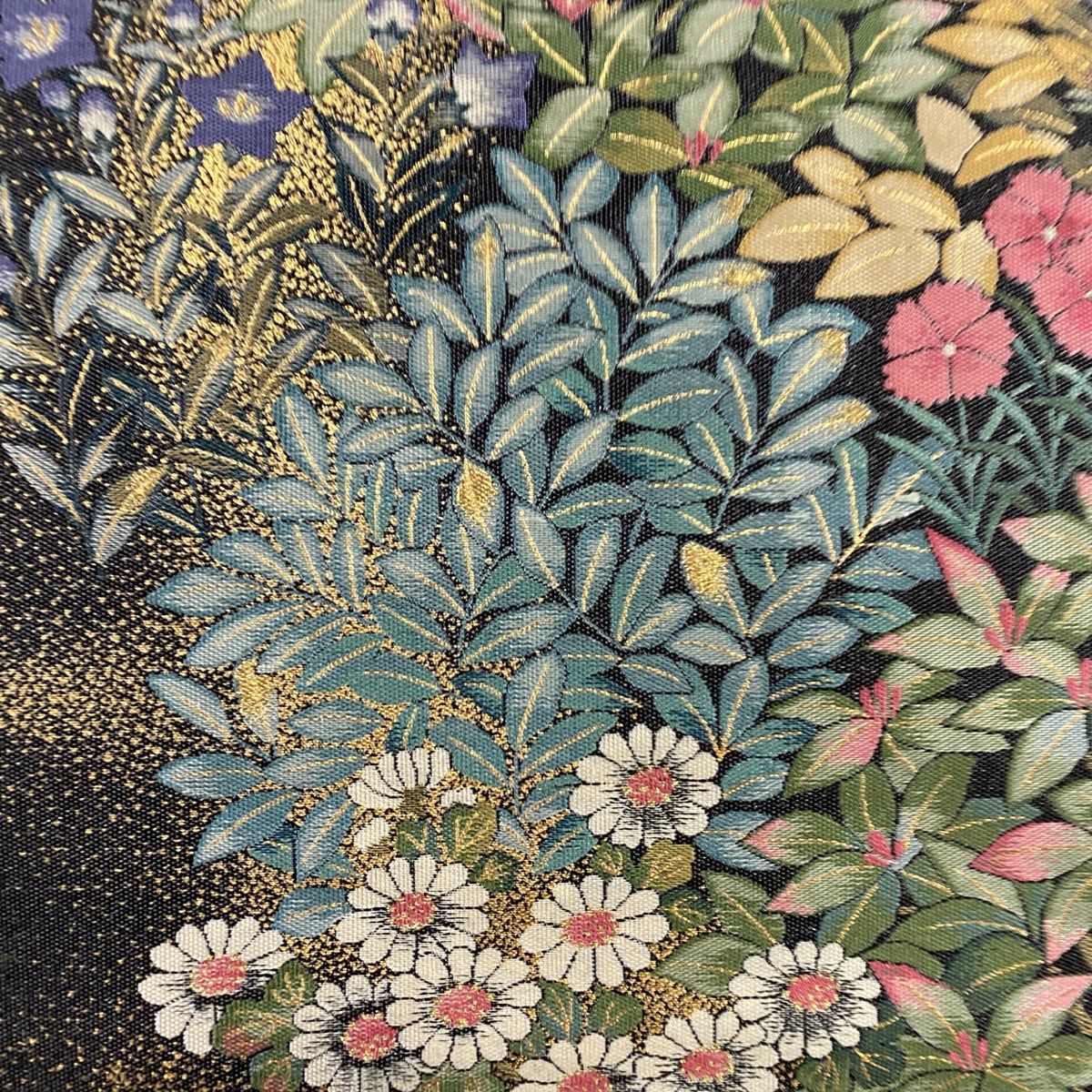 袋帯 秀品 落款 秋草 葉柄 金糸 箔 墨色 六通 正絹