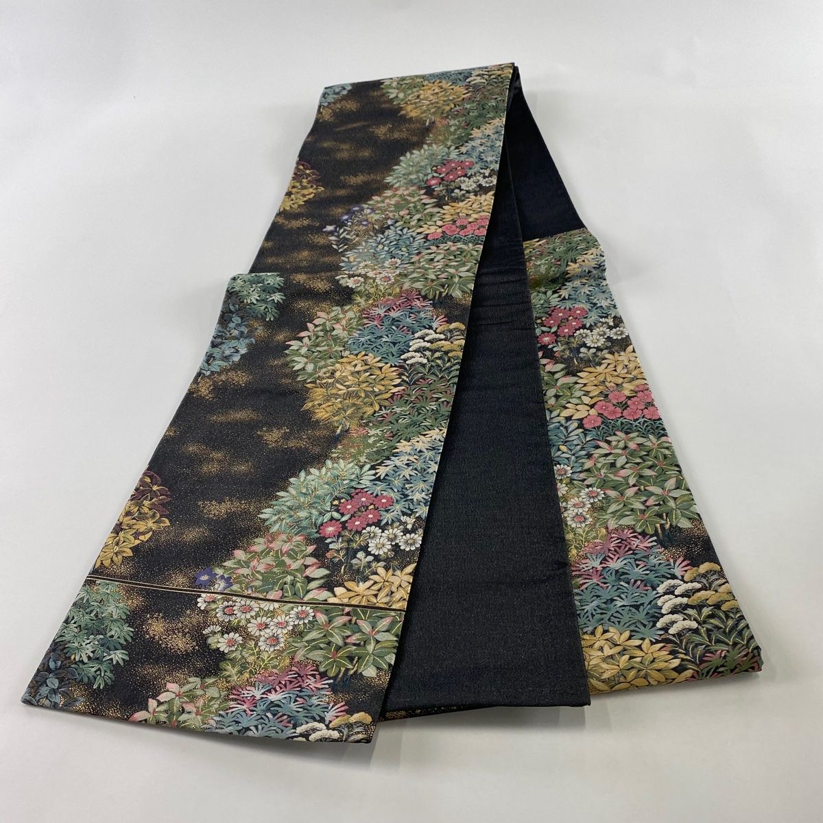  袋帯 秀品 落款 秋草 葉柄 金糸 箔 墨色 六通 正絹 袋帯 帯