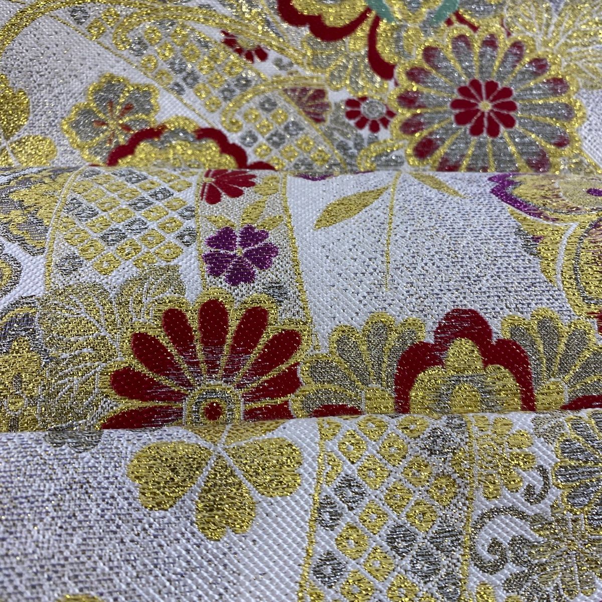  袋帯 秀品 華文 熨斗 箔 金銀糸 灰白 六通 正絹 袋帯 帯