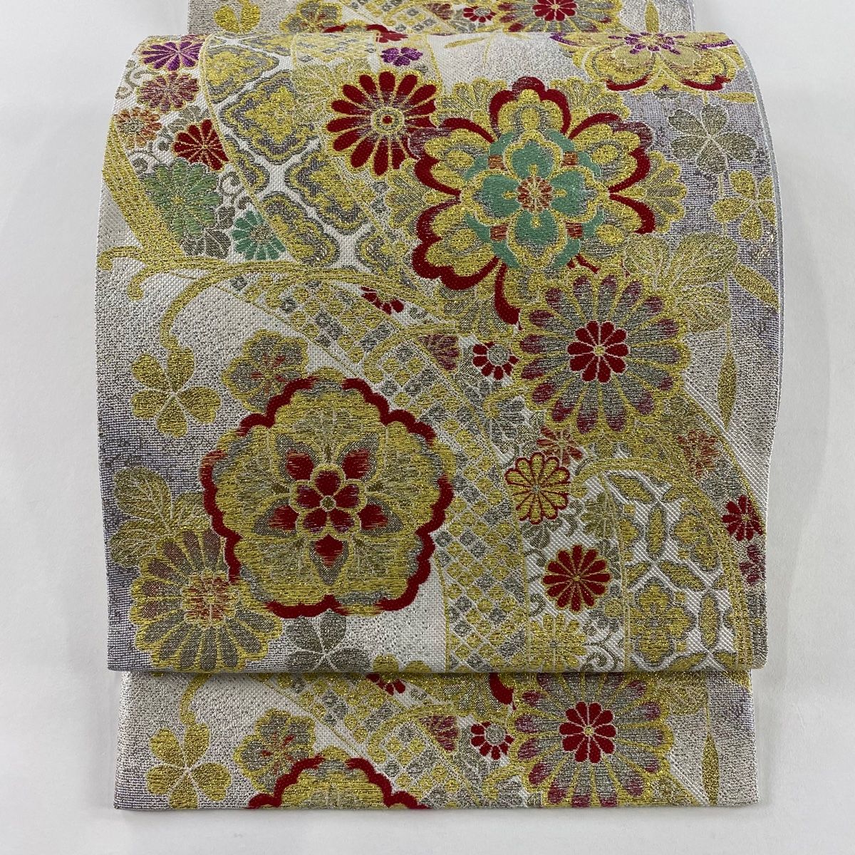 袋帯 秀品 華文 熨斗 箔 金銀糸 灰白 六通 正絹