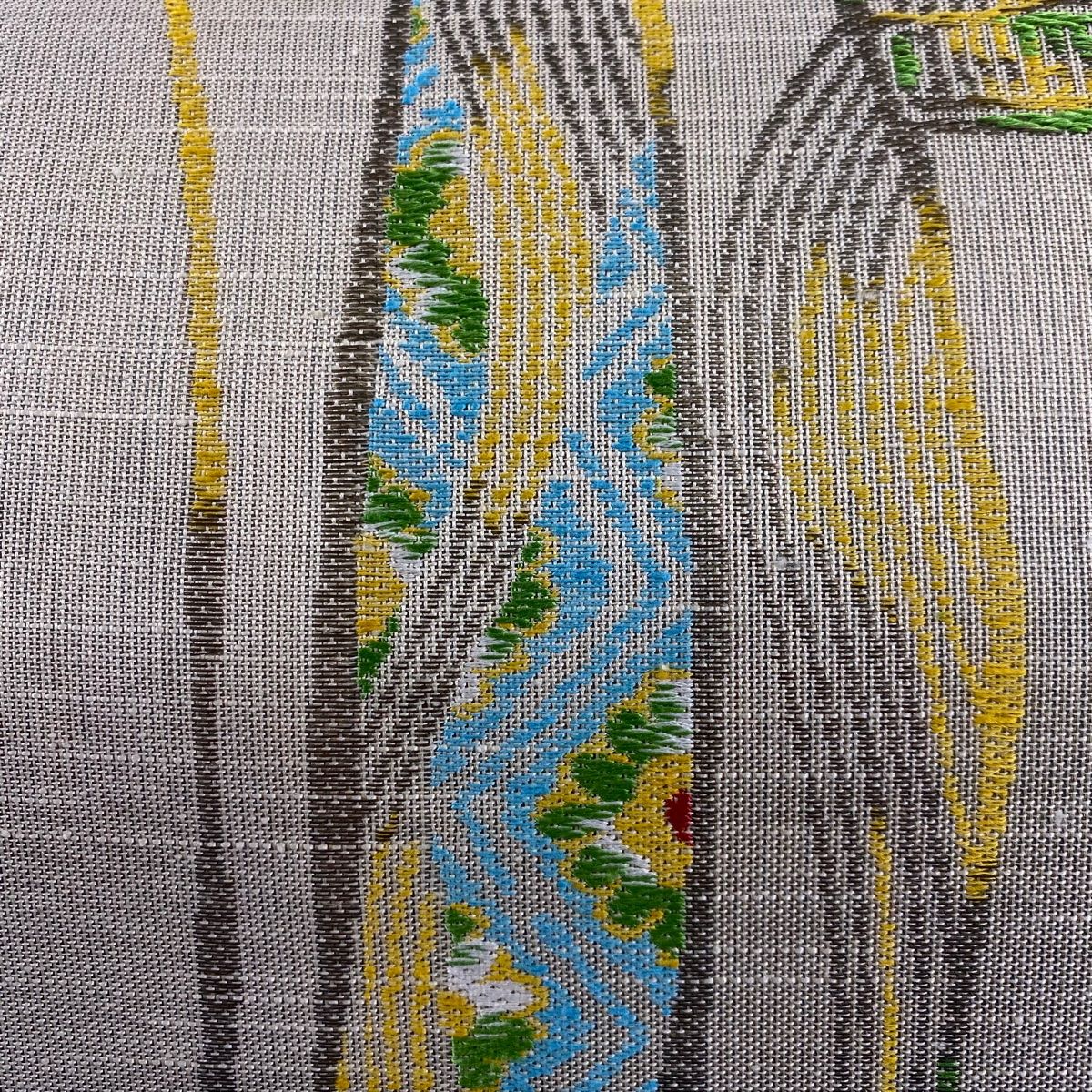 名古屋帯 秀品 花 幾何学 刺繍 ベージュ 正絹